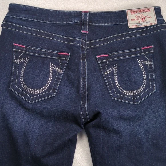 True Religion Crystal Horseshoe Skinny Jeans Dark Wash Pink Stitch 31 - Picture 4 of 10